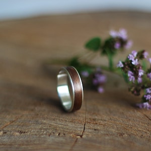 Silver and Wood Ring, Wooden Wedding Ring, Walnut Wood Ring, Handmade Bentwood Ring, Dark Wooden Ring
