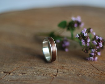 Silver and Wood Ring, Wooden Wedding Ring, Walnut Wood Ring, Handmade Bentwood Ring, Dark Wooden Ring