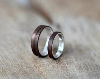 Silver and Wood Ring Set, Set of Wooden Rings with Silver base, Wooden Wedding Bands