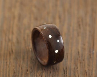 Silver and Wood Ring, Wooden Wedding Ring, Walnut Wood Ring, Handmade Ring, Dark Wooden Ring, Waterproof Wood Ring, Silver Dots Ring, Silver
