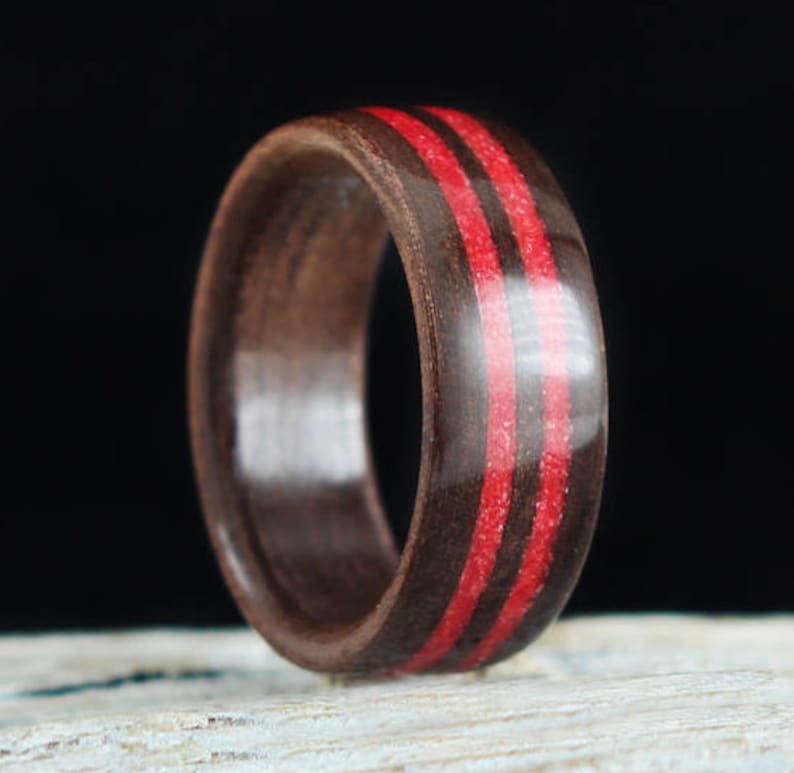 Two Band Wood and Stone Ring Wooden Ring Handmade From Walnut Wood And Red Color Stone