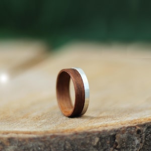 Silver and Wood Ring, Wooden Wedding Ring, Walnut Wood Ring, Handmade Bentwood Ring, Dark Wooden Ring