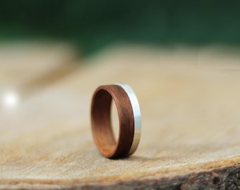 Silver and Wood Ring, Wooden Wedding Ring, Walnut Wood Ring, Handmade Bentwood Ring, Dark Wooden Ring