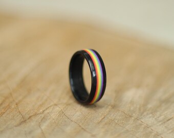 Ebony Wood Pride Ring, Rainbow Inlay Wooden Wedding Band, Handmade LGBTQ Ring, Unique Alternative Engagement Ring