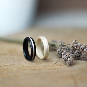 Set of 2 Bentwood Wooden Ebony, Maple and Silver Rings, Wooden Wedding Rings Set