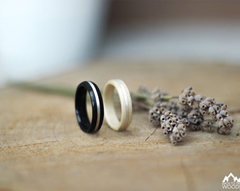 Ebony and Maple Wooden Ring Set, Matching Silver Inlay Wedding Bands, Black Ebony Wood Ring, Light Maple Promise Rings, Couples Anniversary