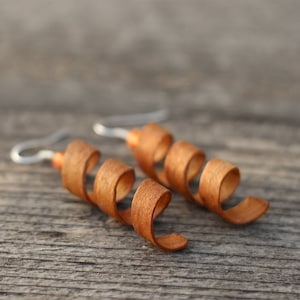 Wooden Dangle Earrings, Cherry Wood Earrings, Wood Dangle Earrings, Twist Earrings, Veneer Earings, Spiral Earrings, Drop Earrings