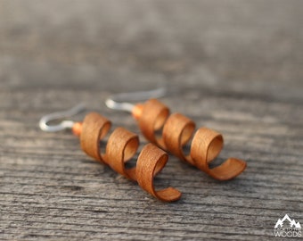 Wooden Dangle Earrings, Cherry Wood Earrings, Wood Dangle Earrings, Twist Earrings, Veneer Earings, Spiral Earrings, Drop Earrings