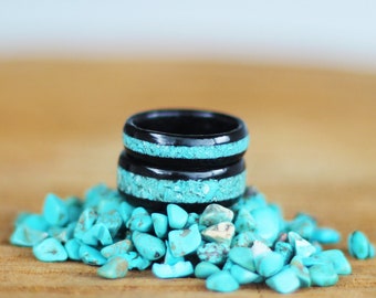 Set of 2 Bentwood Wooden Ebony Rings, Wooden Wedding Rings Set, Turquoise Stone Ring