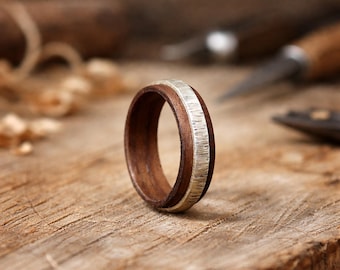 Handmade Wood & Silver Ring, Unique Nature Jewelry, Men's Women's Wedding Band, Hammered Textured Engagement Ring, Rustic Statement Jewelry