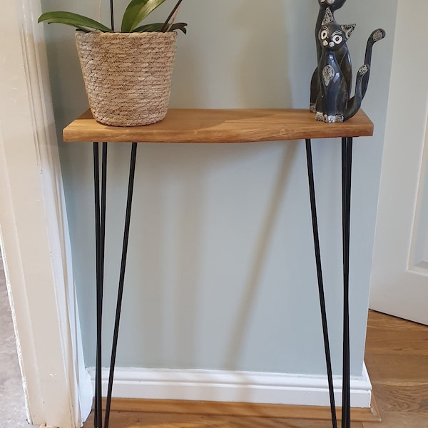 side console table/radiator table/sofa table with solid live edge top available in various lengths and height with hairpin legs