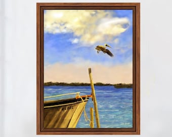 Rebel's Soaring Sunset painting, Florida style Giclee canvas, Beach house decor, Large FRAMED canvas Waterfront house decor Coastal wall art