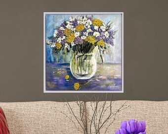 Wild Flowers in Vase  original oil painting Cottage core décor Modern & Retro style wall art CANVAS WALL HANGING with wood bars Large print