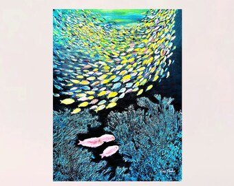 Mangrove Snapper Fish & School of Fish Impressão giclée PRONTA para PENDURAR, pintura de peixes da Flórida, arte colorida da vida marinha, tela extra grande emoldurada