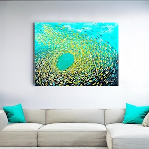 Acrylic GLASS, Metal Print, Giclee Print on Canvas, FRAMED Canvas, School of Fish painting Swirling Fish on canvas Coastal Painting on Glass