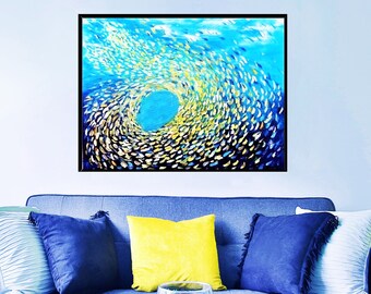 Blue yellow teal aqua painting Abstract fish art READY to HANG painting Extra Large canvas print Multicolor swimming fish painting