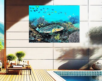 Decoração de parede para áreas externas e internas, peixe-garoupa, impressão em alumínio, pintura de peixe-oceano, grande impressão de metal costeiro, arte de parede para Lanai, decoração de parede de peixe-marinho