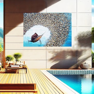 Imprimé voilier en métal pour EXTÉRIEUR ET INTÉRIEUR Impression épée poisson en aluminium résistant aux UV et résistant à l'eau, décoration murale contemporaine pour terrasse de piscine