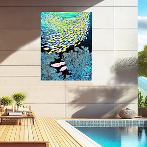 ALUMINUM Print of fish Metal print with luster finish Red Snapper painting School of fish large wall decor for lanai Abstract fish metal art
