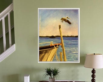 Waterside Sunset painting READY to HANG painting Florida home wall decor Vertical FRAMED large print on canvas Coastal wall art