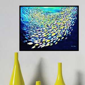 Pesce astratto in movimento Stampa su tela moderna costiera Arte da parete con pesci colorati PRONTO da APPENDERE dipinto Tela grande CON CORNICE Arredamento per la casa sul lungomare