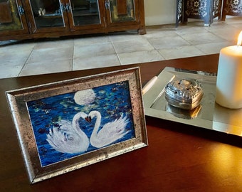 Swans love HAND-PAINTED canvas Gift for couple Wedding Anniversary gift Small framed painting Sentimental gift for newlyweds  Romantic décor