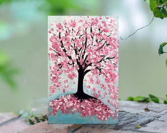 Peinture arbre de vie peinte à la main, VENTE des fêtes, décoration pour chambre rose de fille, petite peinture originale, décoration de table de chevet de cerisier
