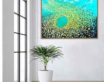 Escola de peixes Azul Amarelo Azul-petróleo Aqua pintura Arte abstrata de peixes PRONTA para PENDURAR arte de parede Impressão giclée extra grande em tela Peixes multicoloridos