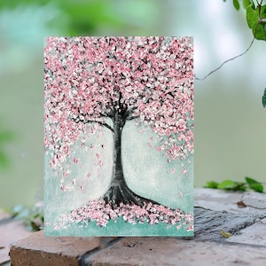 Blossom HAND-PAINTED painting, Spring Nature Wall Decor for girl&#39;s pink room, Small original painting, Cherry Tree Blossom Nightstand décor