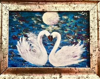 Swans love HAND-PAINTED canvas Gift for couple Wedding Anniversary gift Small framed painting Sentimental gift for newlyweds  Romantic décor