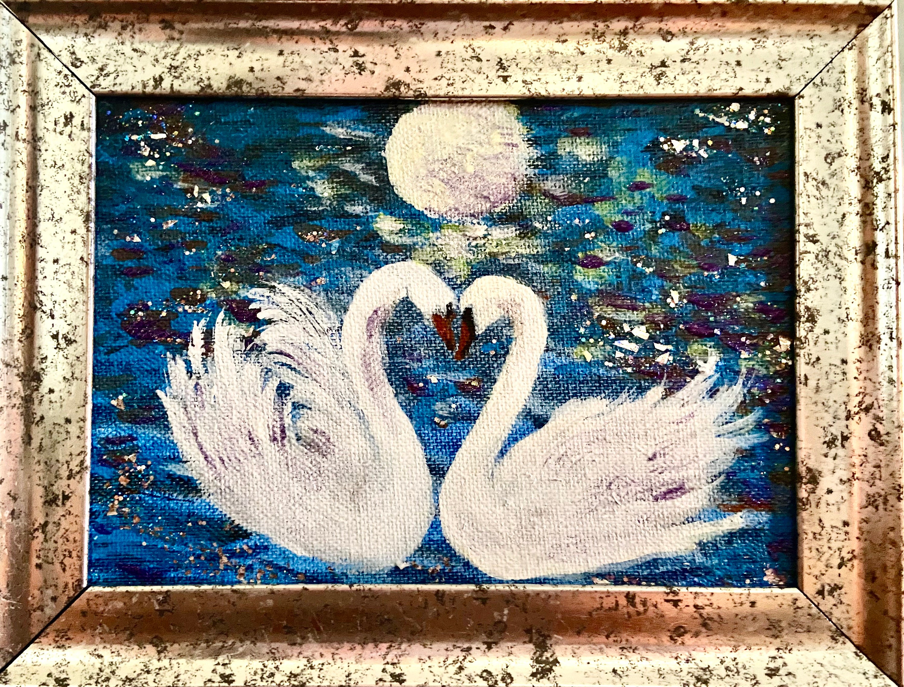 Los cisnes aman el lienzo pintado a mano Regalo de San - Etsy México