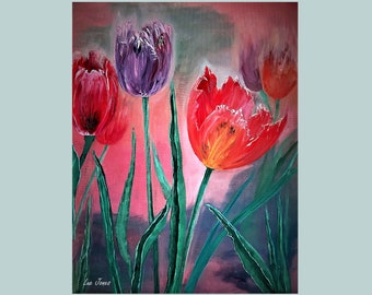 Red Tulips painting Original oil vertical painting Perfect gift for her Christmas gift for woman Macro flower pink green floral 16X20 art