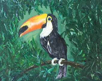 Rainforest bird painting Toucan HAND PAINTED Framed original oil painting Tropical art Kid's room wall decor Art for kid Woodland art décor