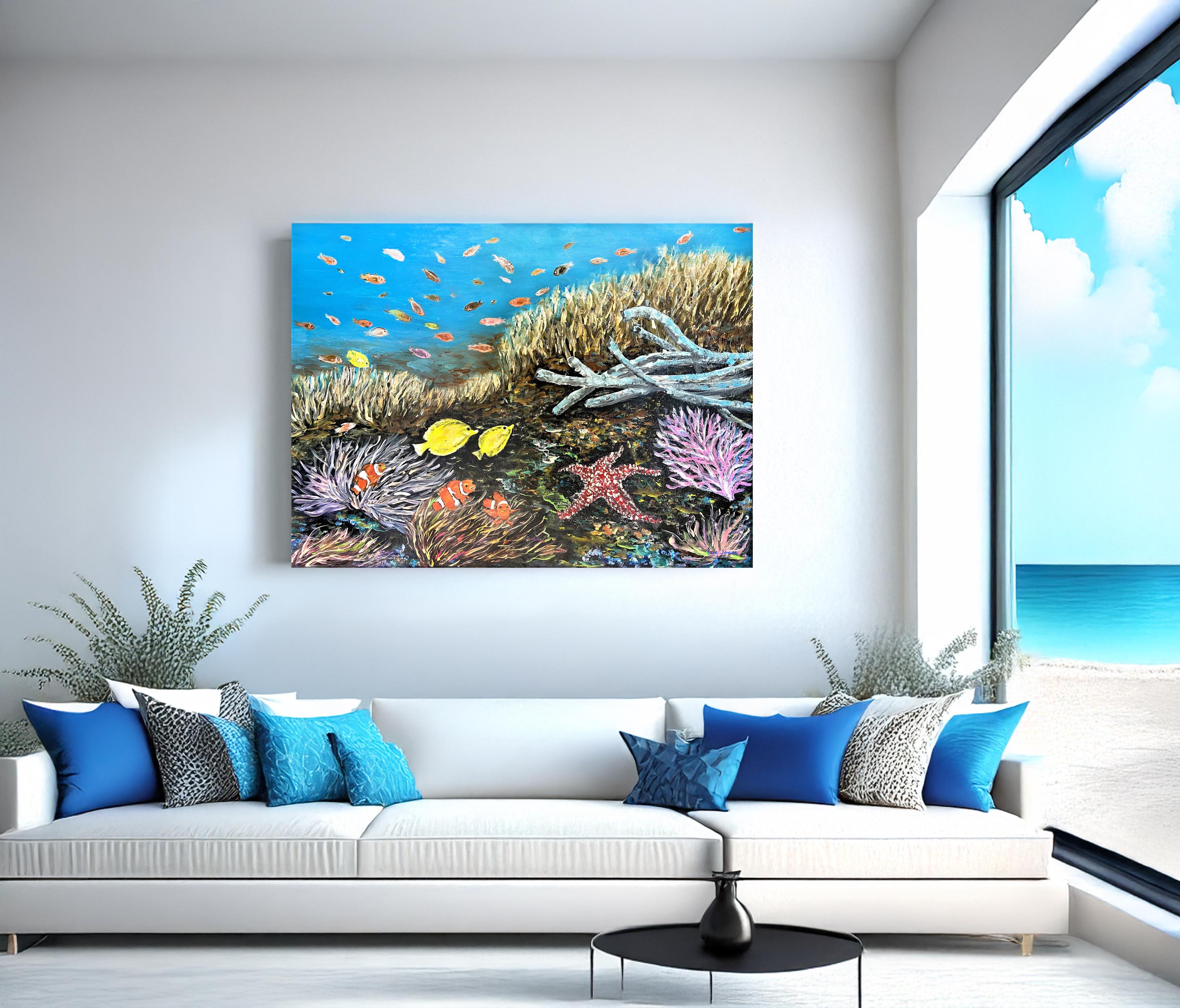 Criaturas marinhas Impressão em metal Estrela do mar subaquática Peixe-palhaço Corais pintura PRONTA para PENDURAR Arte em tela Giclée Decoração de vidro acrílico tropical costeiro