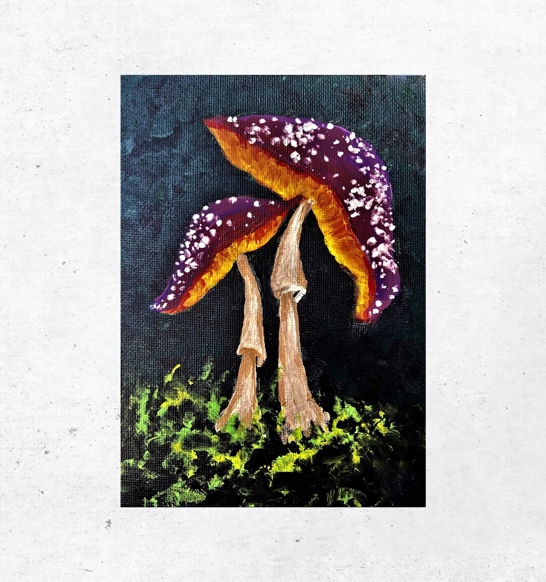 Glowing Red Mushrooms Painting HAND PAINTED Colorful Fungi Botanical