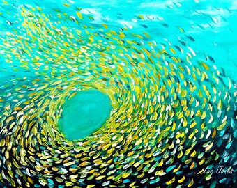 School of Fish painting Bait Ball Canvas Print Modern home wall art Extra large FRAMED canvas New Home wall art