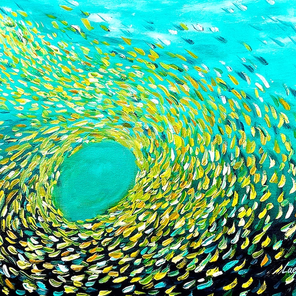 School of Fish painting Bait Ball Canvas Print Modern home wall art Extra large FRAMED canvas New Home wall art