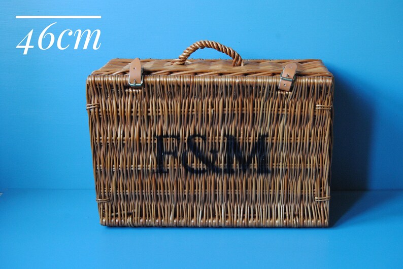 Selection of Fortnum & Mason wicker hamper baskets for summer picnics. Rustic farmhouse decor 46 cm