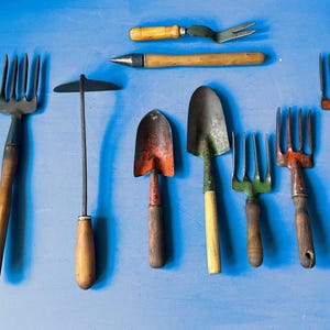 Vintage Wooden Handle Gardening Hand Tools: Weeding Fork, Trowel, Hoe