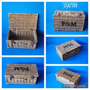 A collage showing 39cm Fortnum and Mason willow picnic basket from multiple angles. The basket is sitting on a blue surface, with the Fortnum and Mason logo visible at the top. The basket has an integrated willow handle to the front, plus a hinged lid that has two leather straps to hold the lid securely in-place