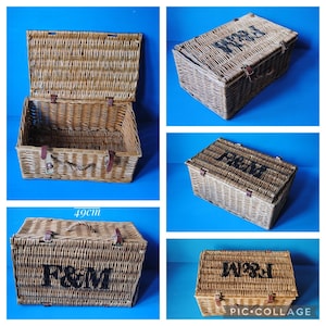 A collage showing 49cm Fortnum and Mason willow picnic basket from multiple angles. The basket is sitting on a blue surface, with the Fortnum and Mason logo visible at the top. The basket has an integrated willow handle to the front, plus a hinged lid that has two leather straps to hold the lid securely in-place