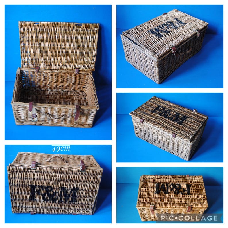 A collage showing 49cm Fortnum and Mason willow picnic basket from multiple angles. The basket is sitting on a blue surface, with the Fortnum and Mason logo visible at the top. The basket has an integrated willow handle to the front, plus a hinged lid that has two leather straps to hold the lid securely in-place