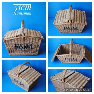 A collage showing large Fortnum and Mason Huntsman style willow picnic basket from multiple angles. The basket is sitting on a blue surface, with the Fortnum and Mason logo visible at the top. The basket has an integrated willow handle to the front, plus a hinged lid that has two leather straps to hold the lid securely in-place