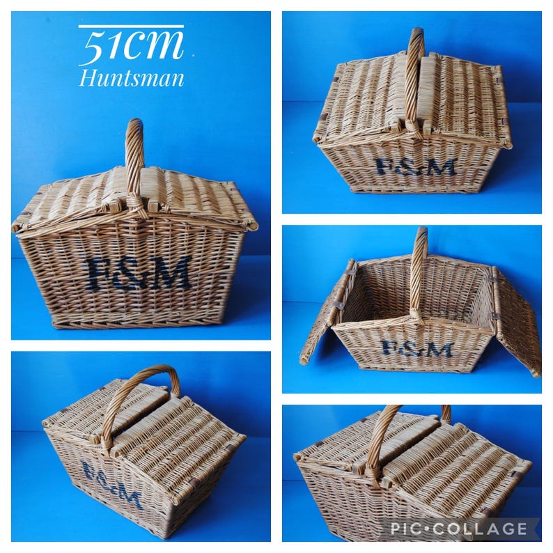 A collage showing large Fortnum and Mason Huntsman style willow picnic basket from multiple angles. The basket is sitting on a blue surface, with the Fortnum and Mason logo visible at the top. The basket has an integrated willow handle to the front, plus a hinged lid that has two leather straps to hold the lid securely in-place