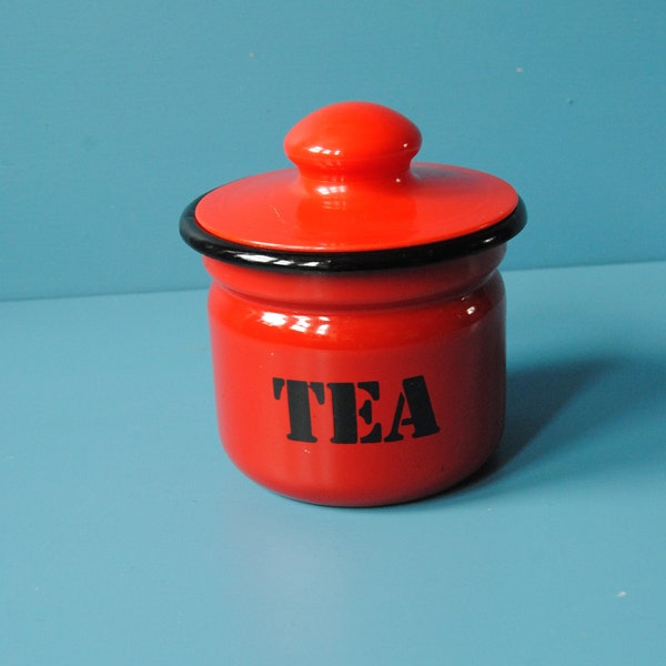 Vintage red enamel tea caddy tin for storing loose leaf tea or tea bags. Ideal gift for the tea lover