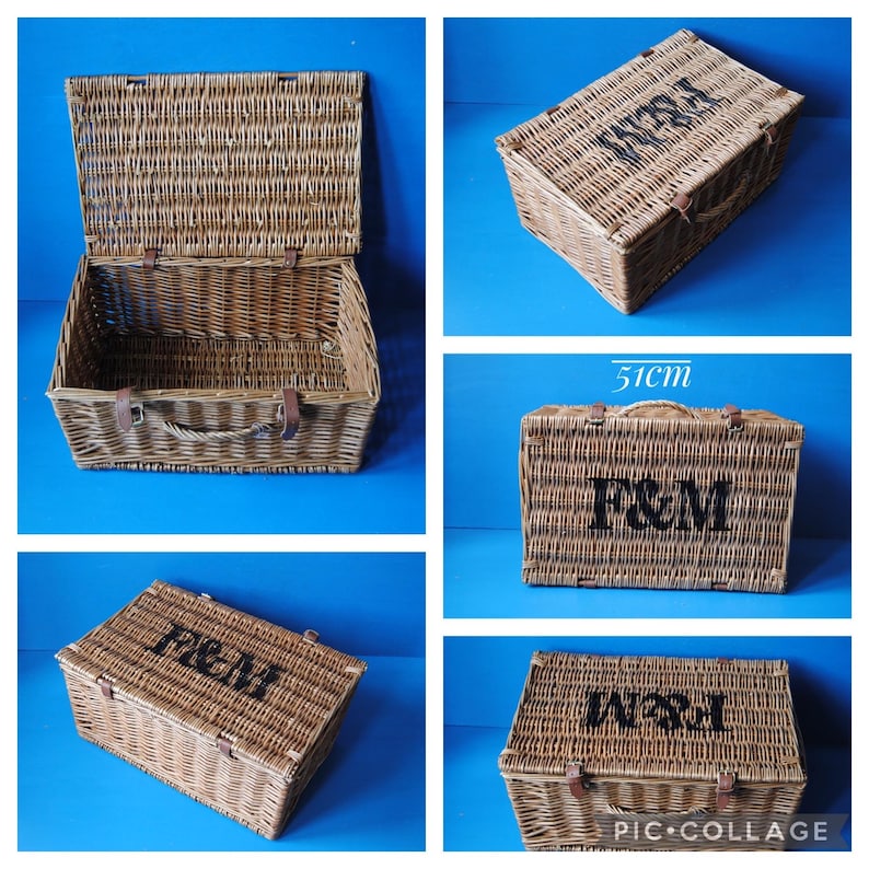 A collage showing 51cm Fortnum and Mason willow picnic basket from multiple angles. The basket is sitting on a blue surface, with the Fortnum and Mason logo visible at the top. The basket has an integrated willow handle to the front, plus a hinged lid that has two leather straps to hold the lid securely in-place