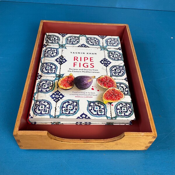 Vintage Wooden Desk Tray: Terracotta Painted Interior, Magazine Holder