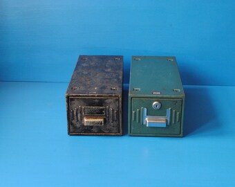 Vintage metal Velos filing drawer cabinet card index drawer in green or silver. Industrial style storage for home office