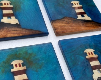 Lighthouse Engraved Wood and Resin Coaster, Wooden Coaster, Epoxy Coaster, Hand Made Coaster