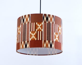 Kente table lamp, African wax print drum lampshade, Brown ceiling lamp, Geometric pattern desk lamp, Lampshade Table Lamp